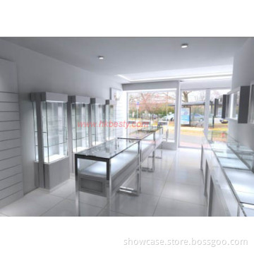 Glossy white wooden jewelry store display showcases design with LED lightings